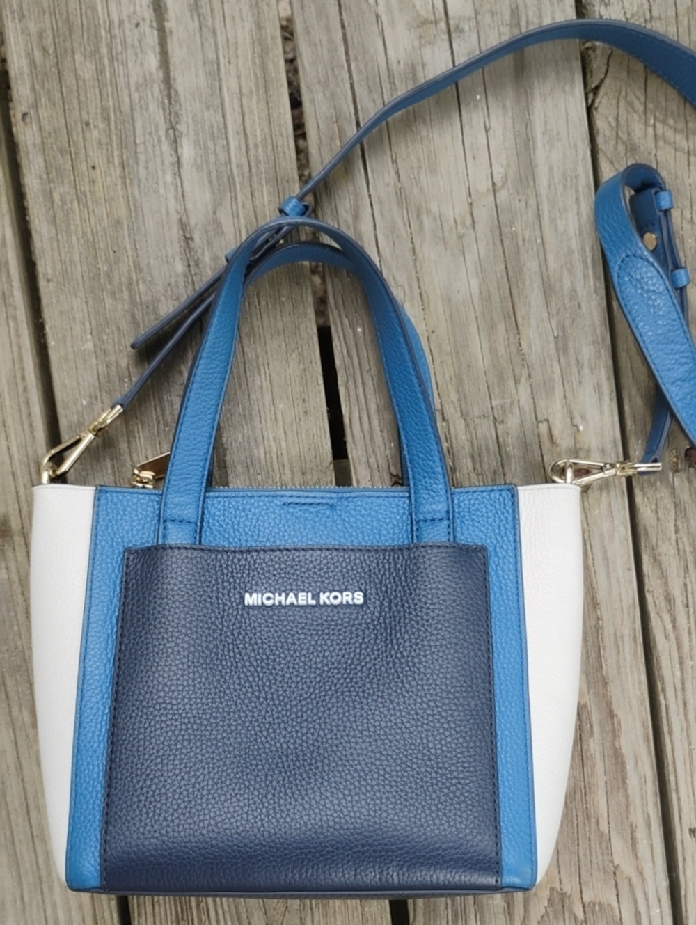 Michael Kors Gemma Sm Satchel Navy, Bright Blue & White Pebbled Leather Satchel - Picture 1 of 9